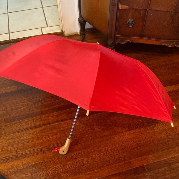 Vintage Raines Premier Wood Duck Handle Push Button Umbrella Red - Picture 6 of 13